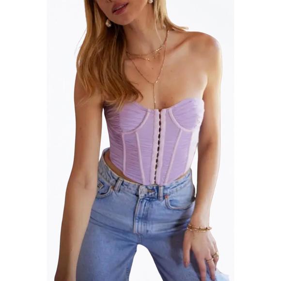 NEW ENDLESS BLU. cropped ruched stretch-mesh sleeveless bustier top in lavender - Picture 1 of 4